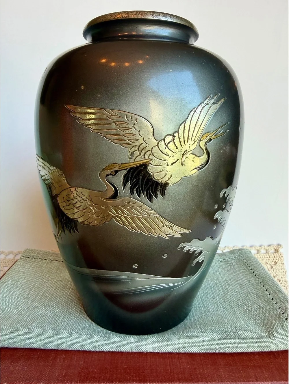 Vintage Japanese Metal Vase Cranes Herons Etched Waves Made in Japan 8.5